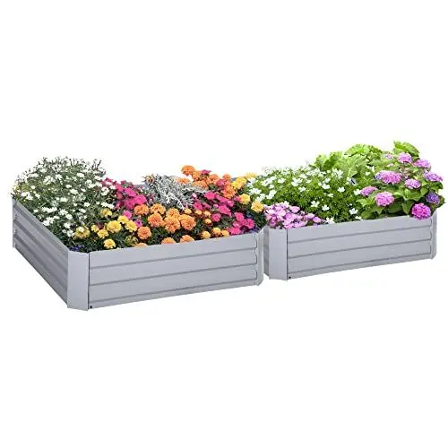 Produktbild: Outsunny Hochbeet Set, 2-TLG. Gartenbeet, Pflanzkasten, Blumenkasten, Pflanzkübel, Blumenkübel für Garten, Terrasse, Verzinkter Stahl, Grau, 100 x 100 x 30 cm
