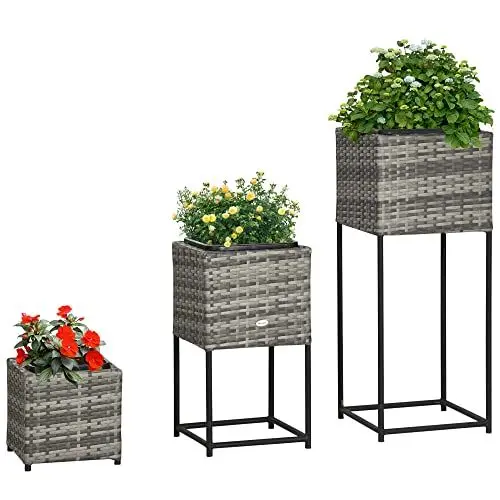 Produktbild: Outsunny Hochbeet Set, 3-TLG. Rattan Blumenkasten mit Ständer, Pflanzkästen mit Entwässerungsloch, Pflanzkübel aus Kunststoff, für Garten, Terrasse, Verzinkter Stahl, Grau