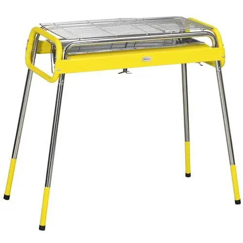 Produktbild: Outsunny Holzkohlegrill, BBQ Grill, Klappgrill mit 2 Grillrost, Grillplatte, klappbare Beine, herausnehmbare Kohleschale, Campinggrill, Edelstahl, 85 x 43 x 72 cm, Gelb