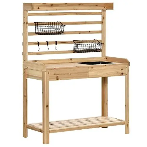 Produktbild: Outsunny Pflanztisch Gärtnertisch mit waschbecken Blumentisch aus Holz mit Schublade Haken Korb Ablage Garten Terrasse Natur 107,5 x 46 x 142 cm