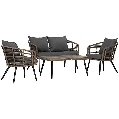 Produktbild: Outsunny Polyrattan Gartenmöbel Set 4-teiliges Rattensofa-Set Sitzgruppe Sitzgarnitur für Pause Lounge Teetisch mit Sofa Kissen Stahl Braun+Grau