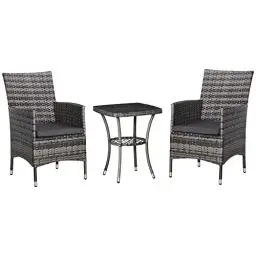 Produktbild: Outsunny Polyrattan Gartenmöbel Set, Outdoor Lounge Balkonmöbel für 2 Personen, 3-teilig Sitzgruppe, 2 Stühle, Tisch Sitzkissen, Gartenlounge für Garten, Terrasse, Balkon, Dunkelgrau