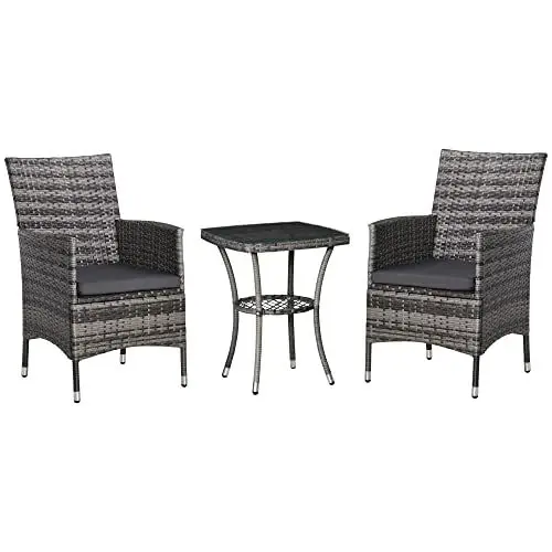 Produktbild: Outsunny Polyrattan Gartenmöbel Set, Outdoor Lounge Balkonmöbel für 2 Personen, 3-teilig Sitzgruppe, 2 Stühle, Tisch Sitzkissen, Gartenlounge für Garten, Terrasse, Balkon, Dunkelgrau