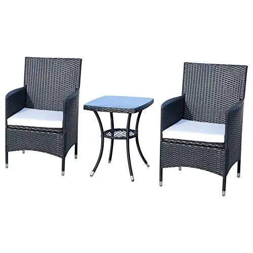 Produktbild: Outsunny Polyrattan Gartenmöbel Set, Outdoor Lounge Balkonmöbel für 2 Personen, 3-teilig Sitzgruppe, 2 Stühle, Tisch Sitzkissen, Gartenlounge für Garten, Terrasse, Balkon, Schwarz