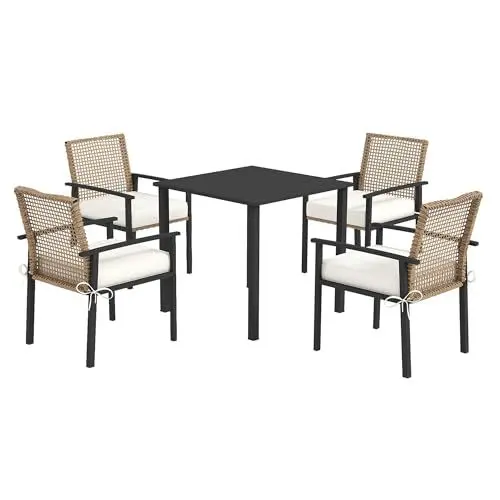 Produktbild: Outsunny Rattan Sitzgruppe, 5-TLG. Gartenmöbel Set, Balkonset für 4 Personen, Balkonmöbel mit 1 Tisch, 4 Stühlen, Gartengarnitur inklusive Kissen, für Garten, Terrasse, Natur