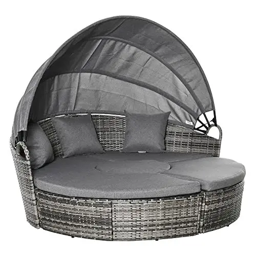 Produktbild: Outsunny Rattan Sonneninsel 4-teilige Loungegruppe mit Sonnendach Sitzgruppe mit Kissen und Beistelltisch höhenverstellbar Metall Grau 175 x 180 x 147 cm