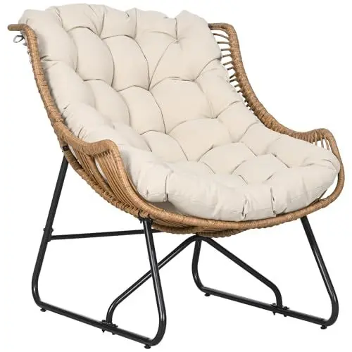Produktbild: Outsunny Rattansessel, Gartensessel mit dickem Sitzkissen, Rattanstuhl bis 120 kg belastbar für Balkon, Terrasse, Stahl, Khaki, 75 x 101 x 90 cm