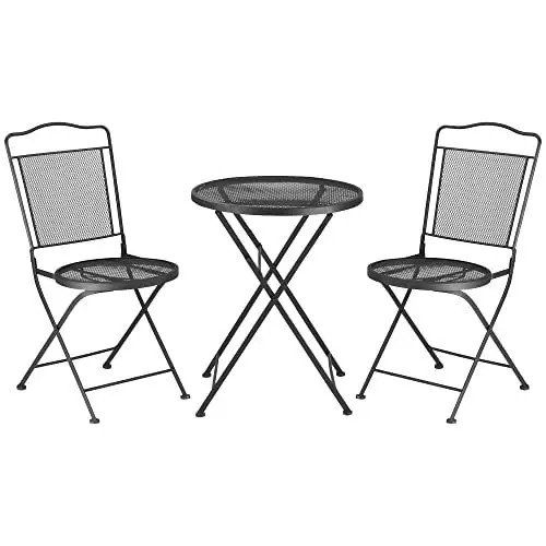 Produktbild: Outsunny Sitzgruppe 3-teilige Essgruppe Bistro-Set Gartenmöbel-Set Balkonmöbel Set 1 Tisch+2 Stühle mit Schirmloch Terrasse Metall Schwarz