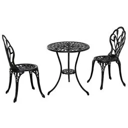 Produktbild: Outsunny Bistro-Set 3-teilig aus Aluminium Gartenmöbel Set mit geschnitztem Design Sitzgruppe mit Gartenstühlen Bistrotisch Schirmloch Outdoor Balkonmöbel Set Balkonset Gartengarnitur Schwarz
