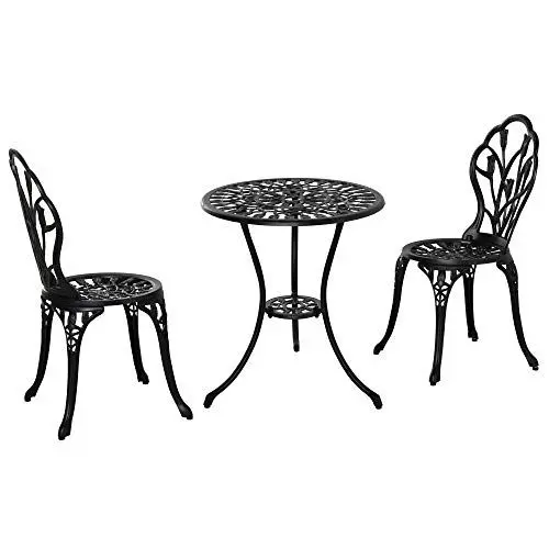 Produktbild: Outsunny Bistro-Set 3-teilig aus Aluminium Gartenmöbel Set mit geschnitztem Design Sitzgruppe mit Gartenstühlen Bistrotisch Schirmloch Outdoor Balkonmöbel Set Balkonset Gartengarnitur Schwarz