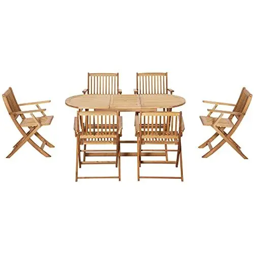 Produktbild: Outsunny Sitzgruppe 7tlg. Klappbar Balkonset Essgruppe aus Massivholz Sitzgarnitur Balkonmöbel Set 1 Tisch+6 Stühle Gartenmöbel Set für Terrasse Garten Natur