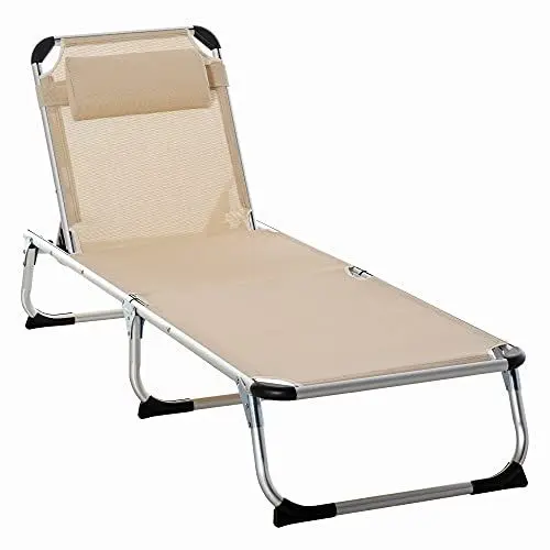 Produktbild: Outsunny Sonnenliege faltbar Gartenliege mit Kopfkissen ergonomisch Relaxliege mit 4-stufig verstellbaren Rückenlehne Alu bis 120 kg belastbar für Garten, Terrasse, Pool, Strand,Beige