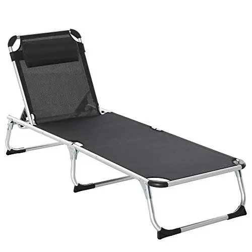 Produktbild: Outsunny Sonnenliege faltbar Gartenliege mit Kopfkissen Liegestuhl mit der 4-stufig verstellbaren Rückenlehne Campingliege bis 120 kg belastbar für Outdoor-Park, Garten, Schwarz