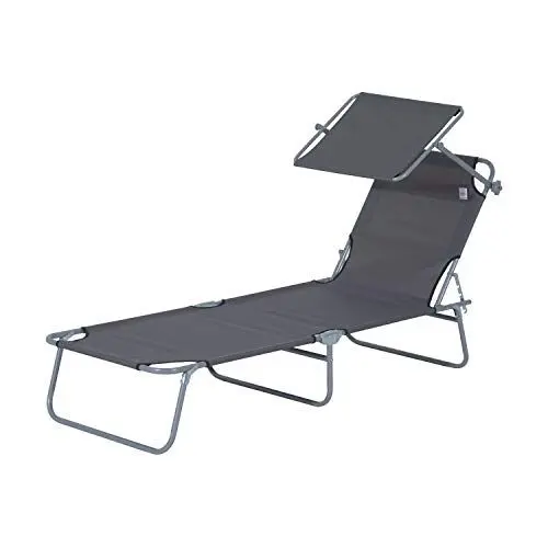Produktbild: Outsunny Sonnenliege klappbar Gartenliege mit Dach, Liegestuhl mit 4-Fach verstellbare Rückenlehne, wetterfeste Campingliege bis 120 kg belastbar, für Garten Strand Pool, Grau