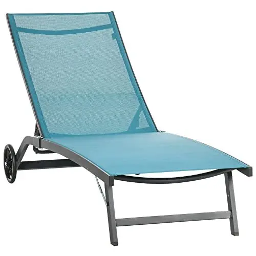 Produktbild: Outsunny Sonnenliege mit Rolle, Gartenliege Alu Liegestuhl mit 5-Fach verstellbare Rückenlehne, wetterfeste Campingliege, Gartenstuhl bis 150 kg belastbar, für Garten Urlaub Strand Pool, Blau