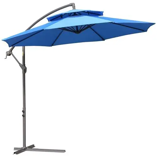 Produktbild: Outsunny Sonnenschirm Ampelschirm Ø2,67 x 2,45 m Kurbelschirm mit Doppeldach Kreuzbasis Stahl Outdoor Sonnenschutz Polyester Stahl Blau