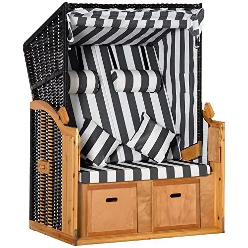 Produktbild: Outsunny Strandkorb Ostsee Volllieger 2-Sitzer Strandkörbe aus Tannenholz, 5-stufige verstellbare Rückenlehne, Strandkorb mit Fußbänkchen Seitentische, PE Geflecht, Strandstuhl für Balkon, Grau+Weiß