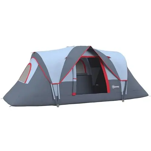Produktbild: Outsunny Campingzelt für 5-6 Personen stabil wasserdicht Familienzelt mit Eingang Fenster Packtasche, Zelt mit 3000mm Wassersäule Tunnelzelt für Camping Reise Garten, Hellgrau