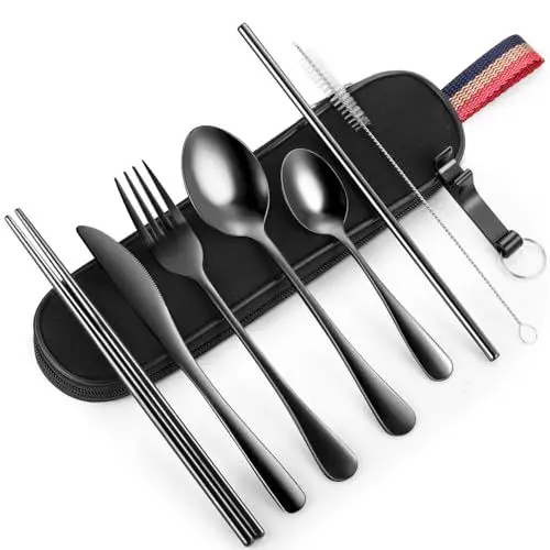 Produktbild: OUTXE 9-Piece Camping Cutlery Set, Portable Stainless Steel Travel Cutlery for On the Go, Reusable Cutlery besteck with Elastic Band for Camping, hiking (Black)