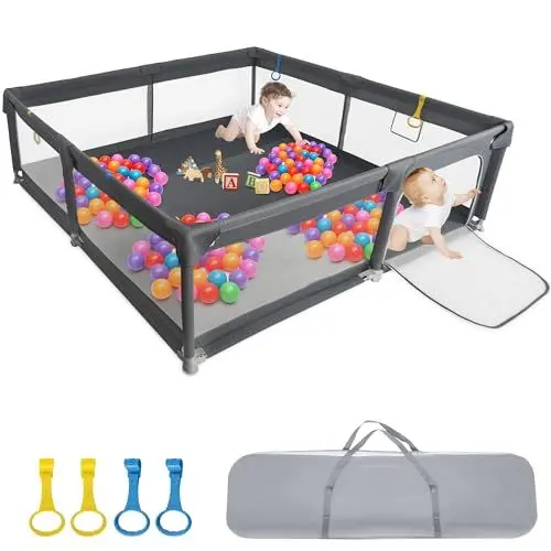 Produktbild: OUUTMEE Laufstall Großer Babyzaun,mit rutschfester Basis, 200x200cm Grauschwarz Mit Aufbewahrungstasche