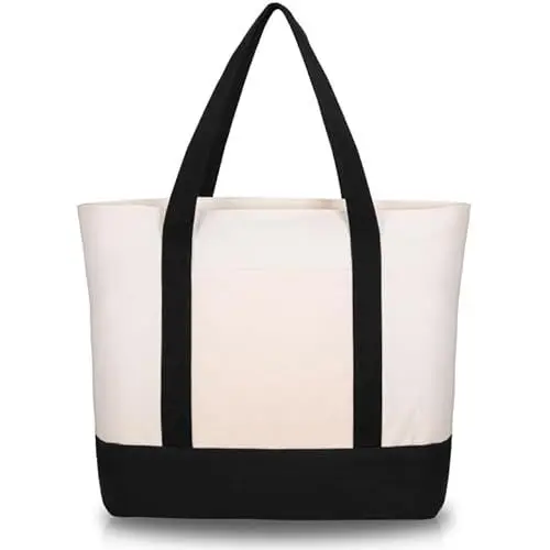 Produktbild: OUUTMEE Stilvolle Canvas-Tragetasche, Reißverschluss oben, Einkaufen, Ausgehen, Unterricht besuchen, einfache und stilvolle Pendlertasche(Schwarz+Natur)