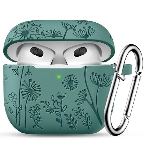 Produktbild: Ouwegaga Gravierte Hülle für Apple Airpods 3 Hülle, Silikon für Airpods 3 Case Stoßfeste Schutzhülle Kompatibel mit Airpods 3. Generation Hülle 2021, mit Karabinerhaken(Front-LED sichtbar),Kieferngrün