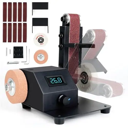 Produktbild: Bandschleifer 350W Bandschleifmaschine Elektrischer Bandschleifer mit Stufenlos Regelbarer Geschwindigkeit Kommt mit 10 Schleifbändern, Geeignet zum Schleifen von Metall, Holz mehr