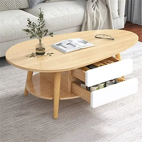 Produktbild: Ovaler Holz -Couchtisch, 2 Schicht Mode -Kaffeetische, offene Regale für Lagerung und Display 2 Schubladen, für Wohnzimmer Moderne Design -Heimmöbel, Holz