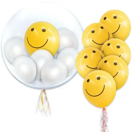 Produktbild: Ovanda 14 Stück Smiley Luftballon Set, Luftballons mit Smiley-Gesicht, Gelb Ballon mit aufgedruckten lächelnden Gesichtern, Latex Luftballons, Balloons Helium, Folien-Heliumballons,Party Balloons Gelb