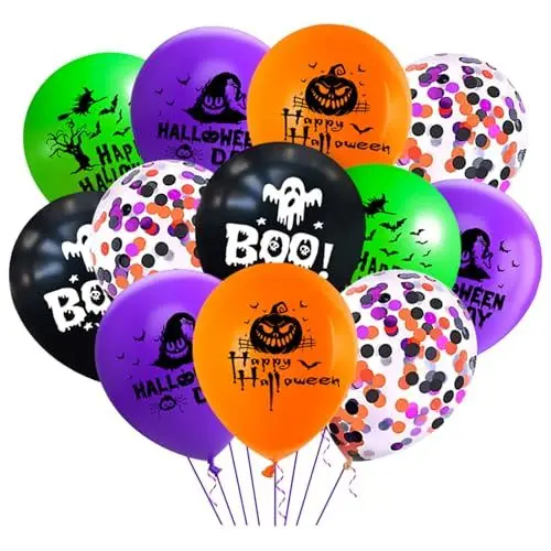 Produktbild: Ovanda 15 Stück Halloween Luftballons,12 Zoll Latex Luftballons Bedruckt mit 4 Verschiedenen Mustern,Konfetti Ballons,Halloween Party Dekoration,Helium Ballon,Gruselige Horror Feier Party Deko Ballons
