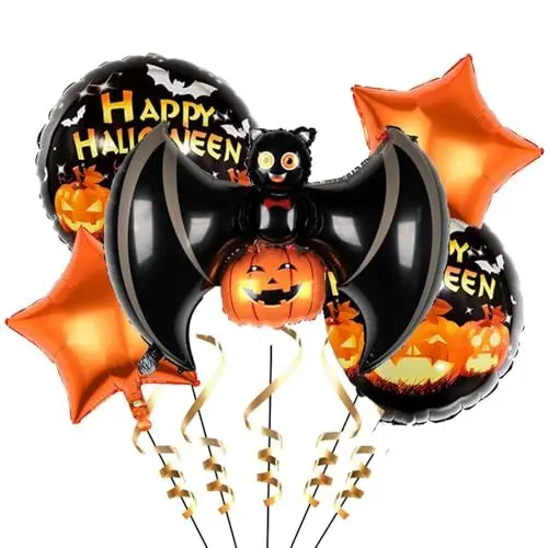 Produktbild: Ovanda 5 Stück Halloween Luftballons, Fledermaus Folienballon, Kürbis Ballon,Happy Halloween Foilenballons,Helium Ballon,Spinne Ballons,Dekorationen Horror Set für Jungen Mädchen,Grusel Fotorequisiten