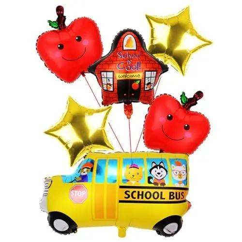 Produktbild: Ovanda 6 Stück Back To School Ballon, Einschulung Deko Folienballon,Junge Mädchen Luftballons für Deko Einschulung,Schulauto-Ballons,Schulanfang Deko,Happy Apple-Ballons,Schuleinführung Luftballon Bus