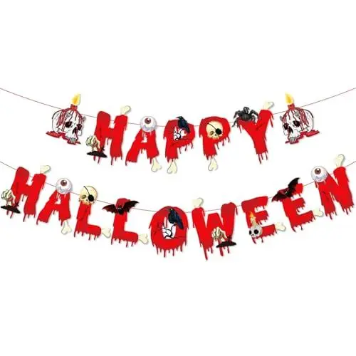 Produktbild: Ovanda Happy Halloween Banner, Horror Party Banner,Halloweens Tür Deko,Deko Buchstabengirlande Happy Halloween,Garten Girlande,Scary Bloody Party Thema,Horror Blutiger Kranz,BuntingHängende Girlande