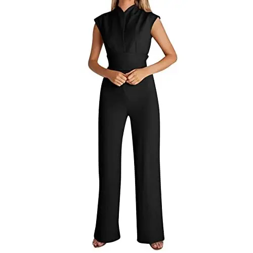 Produktbild: Overall Damen Festlich Hochzeit Lang Hosenanzug Damen Elegant Weites Bein Eleganter Jumpsuit mit Gürtel Damen Einteiler Kuschelig Playsuit Frauen Ärmellos Einfarbig Lange Beine Onesie