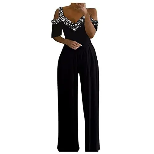 Produktbild: Overall Damen Festlich Hochzeit V Ausschnitt Jumpsuit Damen Elegant Lang Weites Bein Jumpsuits Für Hochzeitsgäste Schulterfrei Overall Einteiler Damen Hosenanzug Frauen Kuschelig Onesie