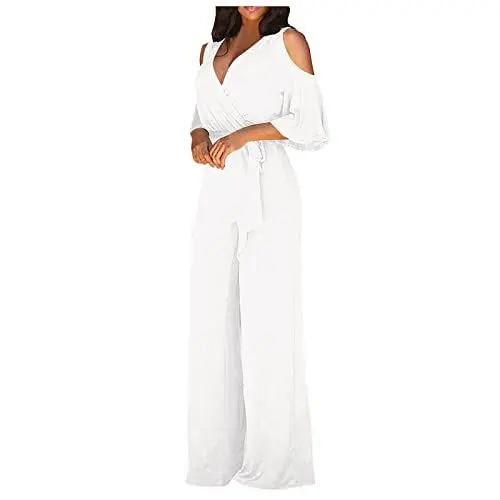 Produktbild: Overall Damen Festlich Hochzeit V Ausschnitt Jumpsuit Für Hochzeitsgäste Damen Elegant Jumpsuits Lang Weites Bein Overall Einteiler Damen Einfarbig Hosenanzug Frauen Kuschelig Onesie