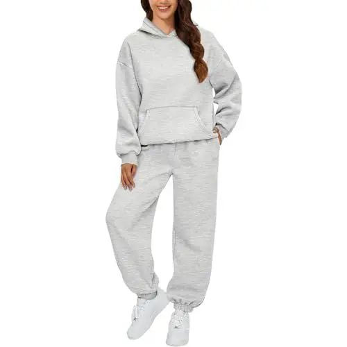 Produktbild: OverDose Boutique AUTOMET Damen 2 Outfits Kapuzenpullover Trainingsanzug-Sets Übergroßes Sweatshirt Baggy Herbstmode Jogginghose mit Taschen Sportshirt Damen (Grey, M)