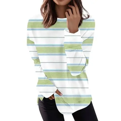 Produktbild: OverDose Boutique Langarmshirts, Oberteile in Übergröße, Elegante, lässige Blusen für Damen, Rundhalsausschnitt, lockere Passform, Trendige Tuniken Thermoshirt Kinder Langarm (Green, S)