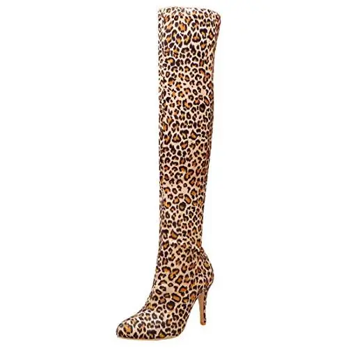 Produktbild: Overknee Stiefel High Heels Leoparden Boots mit 10cm Absatz Stiletto Hohe Stretch Stiefel Ohne Verschluss(Gelb,39)