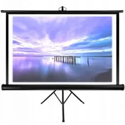 Produktbild: OVERMAX Tripod Screen 60” EIN Projektionsschirm mit Stativ 60 Zoll 116×87 cm Dreibein-Stativ, automatisches federbelastetes Aufrollen, weißes Mattes Segeltuch