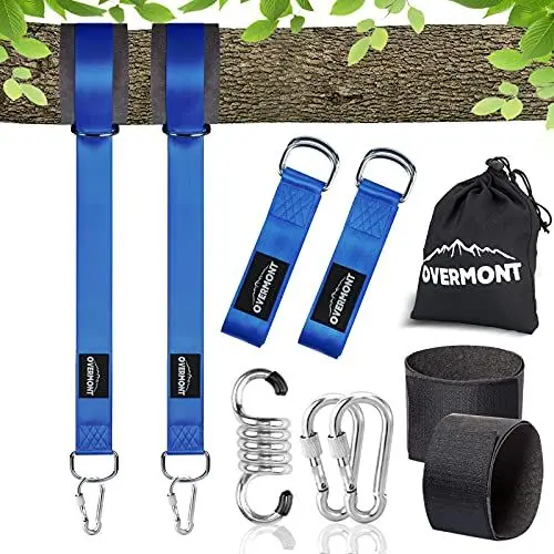 Produktbild: OVERMONT 1 Paar Schaukel Befestigung Hängematte Befestigung Schaukel Aufhängung Gurt Kit mit 2 D-Haken Karabiner und 2 Baumschutz Polyester Max 550KG Blau