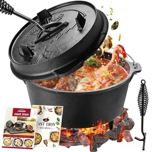 Produktbild: OVERMONT Dutch Oven Gusseisen Topf - Eingebrannter Feuertopf mit Füßen 2in1 Deckel Rezeptbuch und Deckelheber - für Abenteuer Garten Lagerfeuer Camping Größe L