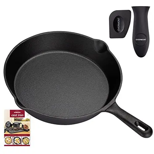 Produktbild: OVERMONT Grillpfanne Gusseisen mit Griff - Gusseisenpfanne 25CM- Voreingebrannte Steakpfannen Bratpfanne - Cast Iron Pan für Gasgrill Backofen Kohlegrill