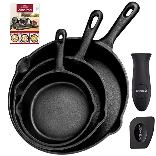 Produktbild: OVERMONT Grillpfanne Gusseisen mit Griff - Gusseisenpfanne 3 Stücke Set - Voreingebrannte Steakpfannen Bratpfanne - Cast Iron Pan für Gasgrill Backofen Kohlegrill