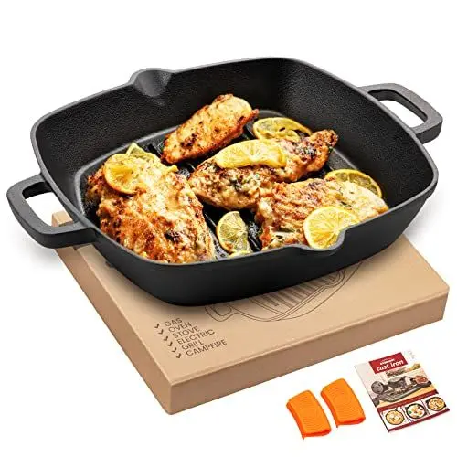 Produktbild: OVERMONT Grillpfanne Gusseisen mit Griff - Gusseisenpfanne quadratisch 26CM - Voreingebrannte Steakpfannen Bratpfanne - Cast Iron Pan für Gasgrill Backofen Kohlegrill