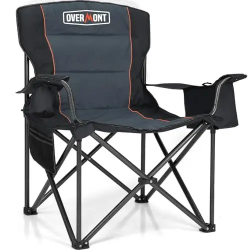 Produktbild: OVERMONT Übergroßer Klappbar Camping Stuhl - bis 204KG Belastbar - Faltstuhl Gepolstert mit Getränkehalter Kühltasche hoher Rückenlehne für Garten Balkon Strand Angeln