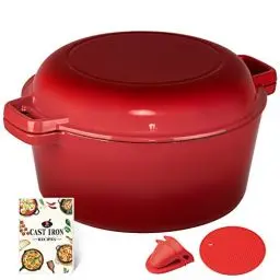 Produktbild: Overmont 2 in 1 Kasserollen Bräter Schmortopf Emaille Gusseisen Topf mit Kochbuch Doppelfunktion Deckel/Bratpfanne Ø 26 cm für Küche Backen