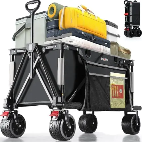 Produktbild: Overmont Faltbar Alle Gelände Bollerwagen - 8,1CM Breite Räder - 150I großes Fassungsvermögen mit Seitentaschen Getränkehalter Verstellbarem Griff - bis 150 kg Tragkraft - für Camping Sport Einkaufen