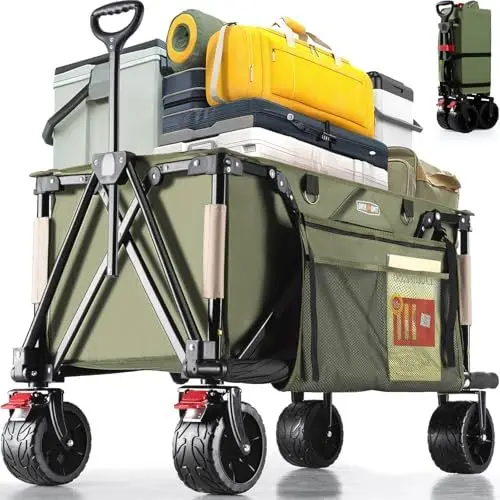 Produktbild: Overmont Faltbar Alle Gelände Bollerwagen - Breite Räder - 150I großes Fassungsvermögen mit Seitentaschen Getränkehalter Verstellbarem Griff - bis 150 kg Tragkraft - für Camping Sport Einkaufen