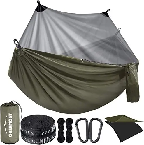 Produktbild: Overmont Hängematte mit Moskitonetz - Doppelschichtige Nylon Fallschirm - TÜV-Zertifiziert - 400kg Tragfähigkeit Atmungsaktiv - für Camping Reise Trekking Garten